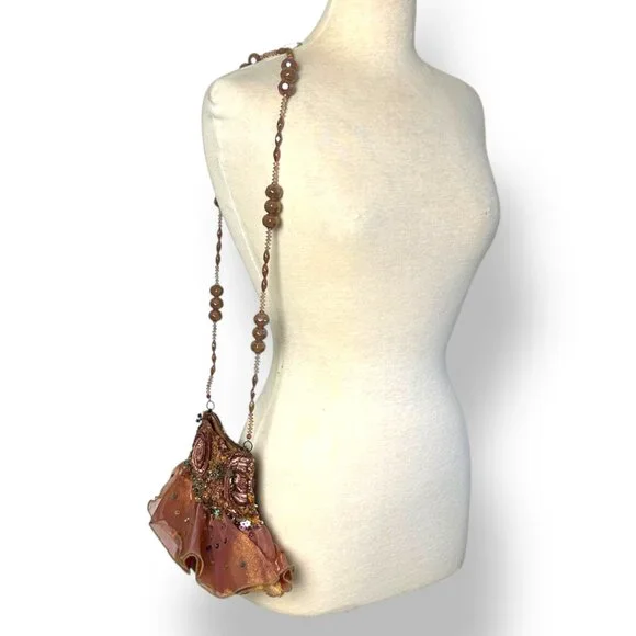 Mary Frances Chiffon Ruffle Beaded Swirl Shoulder Hand Bag Purse Orange/Purple - Picture 5 of 5